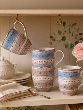 Pip Studio Ribbon Rose Porcelain Mug Set of 4 Blue Khaki Floral
